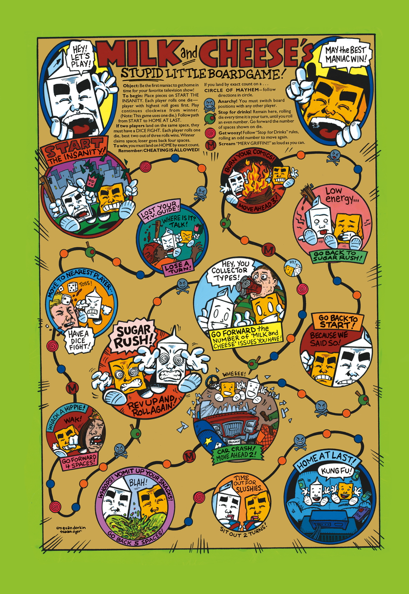 Full-color tomfoolery for a Milk & Cheese board game.